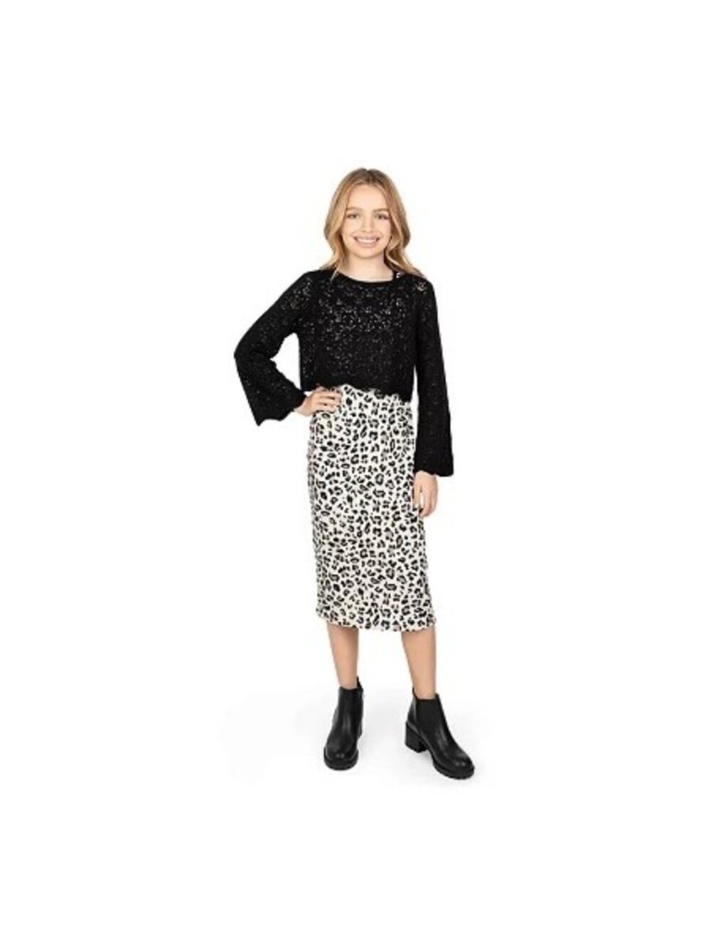 Speechless Kids Girls Black Lace Top & Leopard Print Midi Dress Set Size 8